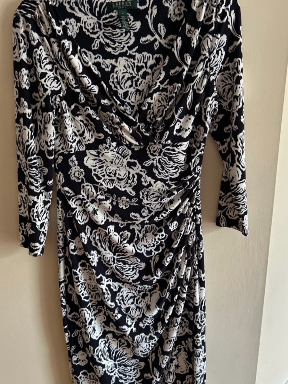 Ralph Lauren Black & White Floral Ruched Wrap-Style Dress